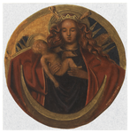 206836 Afbeelding van de gebeeldhouwde en gepolychromeerde ronde steen met de afbeelding van de gekroonde Maria op een ...